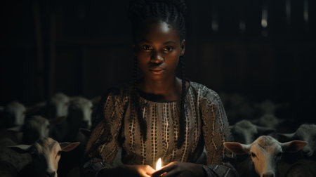 A woman holding a lit candle in front of a herd of sheep. Generative AI image.の素材