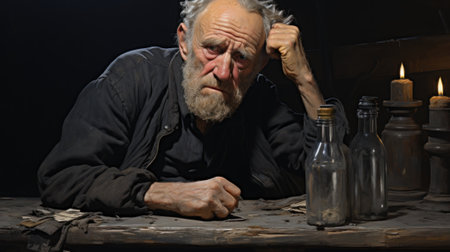 A man sitting at a table with a bottle and candle. Generative AI image.の素材