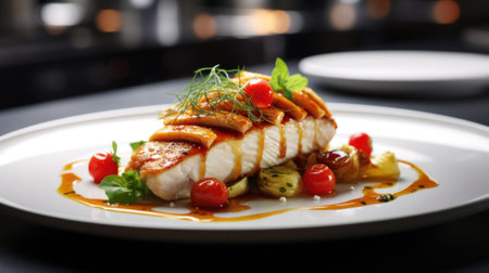 A white plate topped with a fish covered in sauce. Generative AI image.の素材