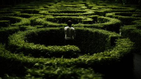 A person standing in the middle of a maze. Generative AI image.の素材