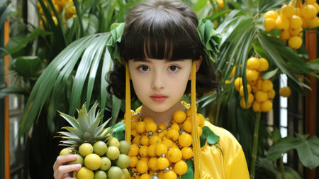 A girl in a yellow dress holding a pineapple. Generative AI image.の素材