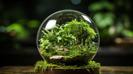 A glass terrarium with moss growing inside of it. Generative AI image.の素材
