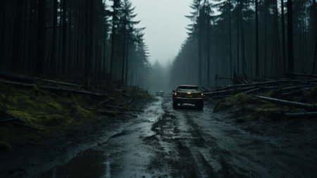 A truck driving down a dirt road in the woods. Generative AI image.の素材