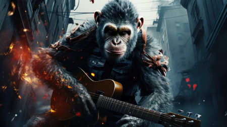A monkey with a guitar in a city. Generative AI image.の素材