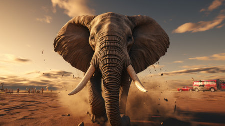 A large elephant walking across a dirt field. Generative AI image.の素材