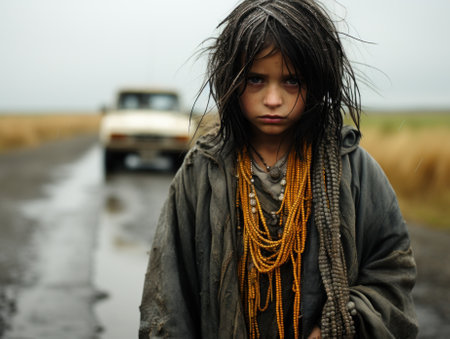 A young girl standing in the middle of a road. Generative AI image.の素材