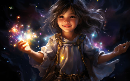 A little girl holding a sparkler in her hands. Generative AI image.の素材