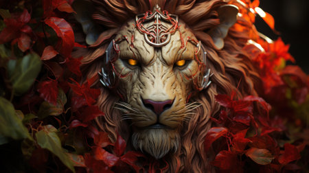 A close up of a statue of a lion surrounded by leaves. Generative AI image.の素材