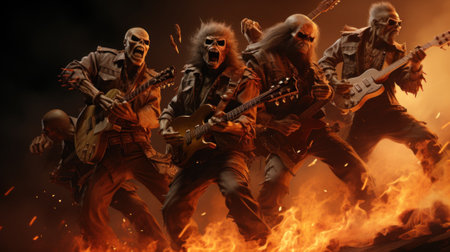 A group of men playing guitar in front of a fire. Generative AI image.の素材