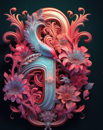 The letter d is surrounded by flowers and leaves. Generative AI image.の素材