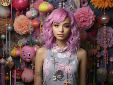 A woman with pink hair standing in front of a wall of decorations. Generative AI image.の素材