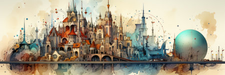 A painting of a castle with a giant egg in front of it. Generative AI image.の素材