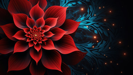 A red flower on a blue and black background. Generative AI image.の素材