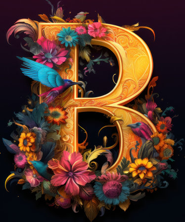 The letter b is decorated with flowers and birds. Generative AI image.の素材