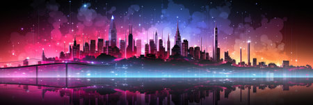 A city with a lot of lights on it. Generative AI image.の素材