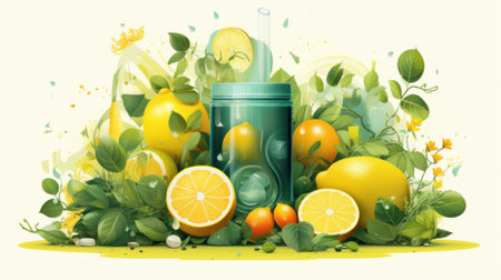 A blender surrounded by oranges, lemons, and leaves. Generative AI image.の素材