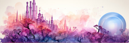 A watercolor painting of a castle with a blue egg. Generative AI image.の素材