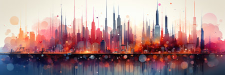 A painting of a city with lots of tall buildings. Generative AI image.の素材