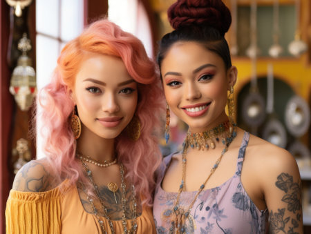 Two beautiful young women standing next to each other. Generative AI image.の素材