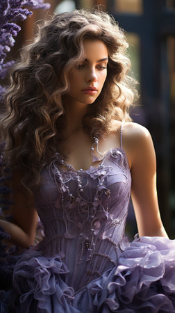 A beautiful young woman in a purple dress. Generative AI image.の素材
