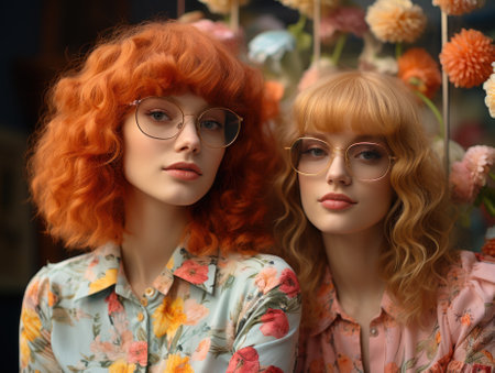 Two women with red hair and glasses standing next to each other. Generative AI image.の素材