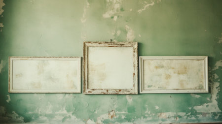 A room with three frames hanging on the wall. Generative AI image.の素材