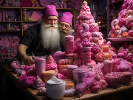 A man with a long white beard standing in front of a table full of candy. Generative AI image.の素材