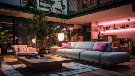 A living room filled with furniture and plants. Generative AI image.の素材