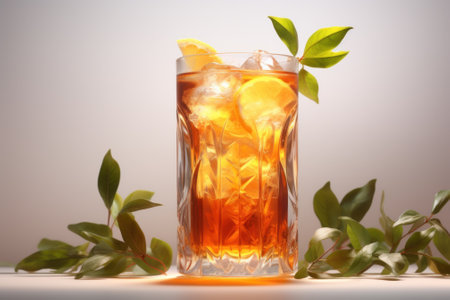A glass of iced tea with lemon wedges. Generative AI image.の素材