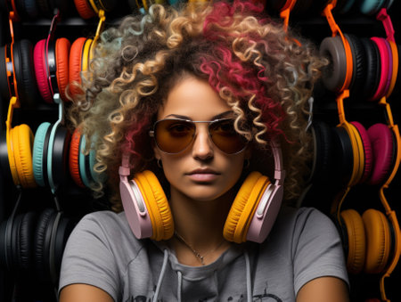 A woman with headphones and sunglasses in front of a wall of headphones. Generative AI image.の素材