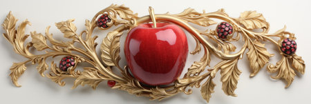 A red apple sitting on top of a gold plate. Generative AI image.の素材