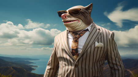 A man in a suit and tie wearing a cat mask. Generative AI image.の素材