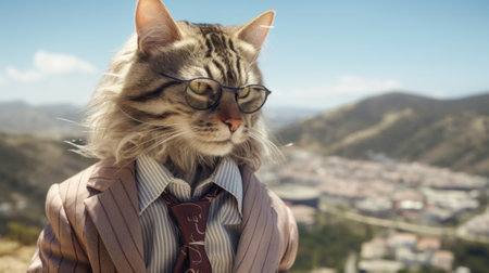 A cat wearing glasses and a suit with a tie. Generative AI image.の素材