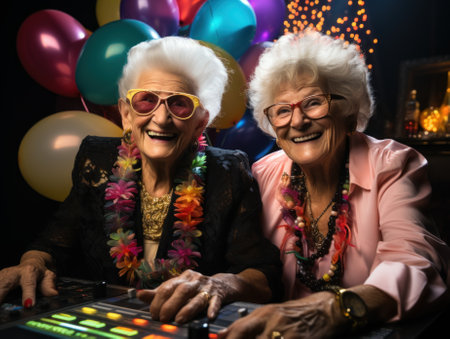 Two older women sitting next to each other at a party. Generative AI image.の素材