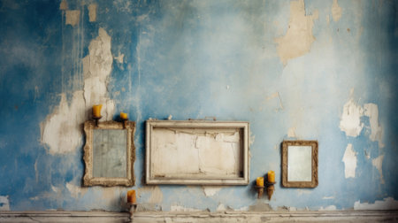 A room with a blue wall and two mirrors. Generative AI image.の素材