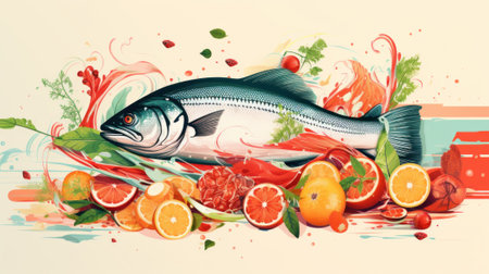 A fish is surrounded by fruits and vegetables. Generative AI image.の素材