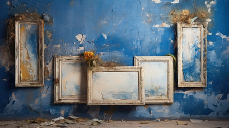 A bunch of mirrors sitting on top of a blue wall. Generative AI image.の素材