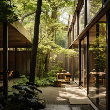 A patio with a table and chairs in the middle of it. Generative AI image.の素材