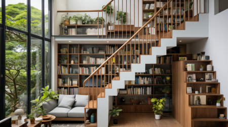 A living room with a staircase and a couch. Generative AI image.の素材