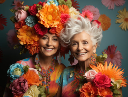 Two women with flowers in their hair posing for a picture. Generative AI image.の素材