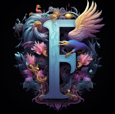 The letter f is surrounded by flowers and birds. Generative AI image.の素材