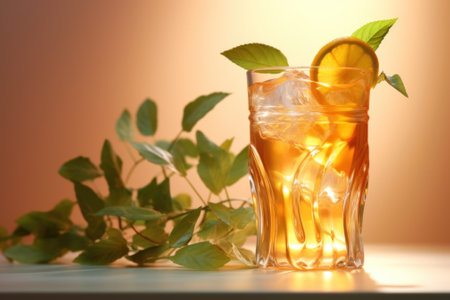 A glass of lemonade with a slice of lemon. Generative AI image.の素材