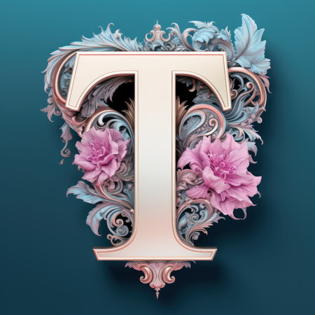 The letter t is decorated with flowers and leaves. Generative AI image.の素材