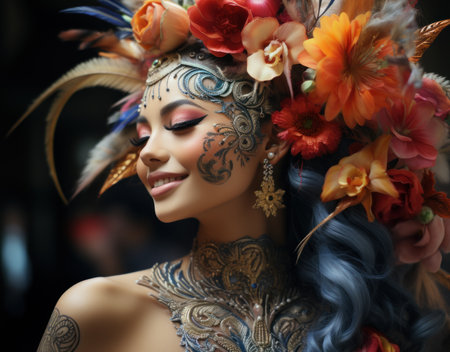 A close up of a woman with a flower headdress. Generative AI image.の素材