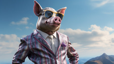 A pig wearing a suit and sunglasses on a mountain. Generative AI image.の素材