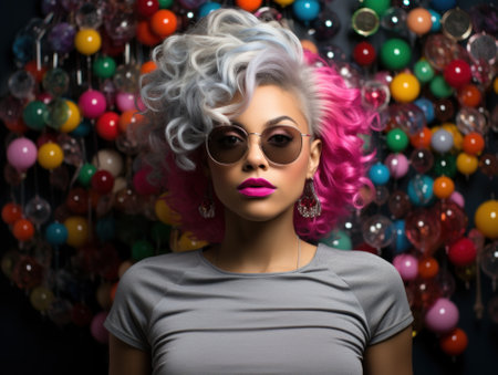 A woman with pink hair and sunglasses in front of a wall of balloons. Generative AI image.の素材