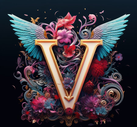 The letter v is surrounded by colorful flowers. Generative AI image.の素材