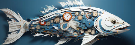 A fish made out of clock parts on a blue background. Generative AI image.の素材