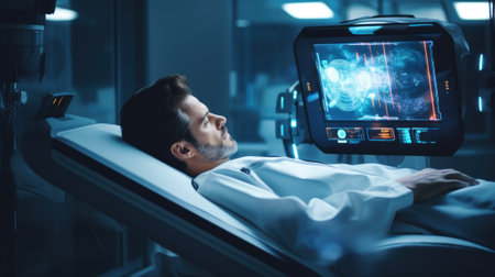 A man laying in a hospital bed looking at a computer screen. Generative AI image.の素材