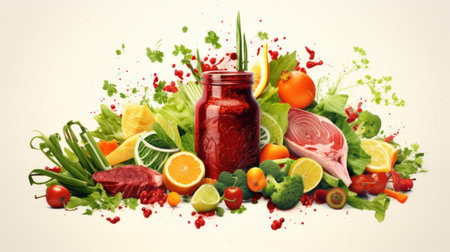 A jar of fruit and vegetables on a table. Generative AI image.の素材